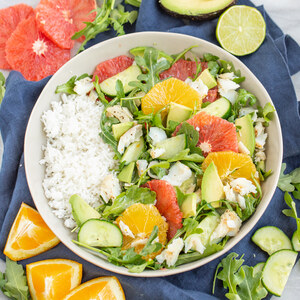 Pan-Fried Cod, Citrus Fruit, Avocado & Arugula Salad with Rice