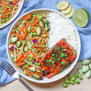 Vietnamese-Style Caramelized Salmon with Edamame, Broccoli Slaw & Rice